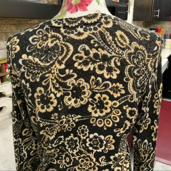 Talbots Petites Black Gold Shimmer Button Front Floral Cardigan Large Petite - Picture 4 of 8